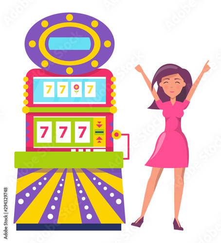 Young beautiful woman play in gambling. Person win and raising hands up. Lady wearing dress won money in slot machine showing lucky sevens 777. Luck and bingo in casino. Vector n flat style