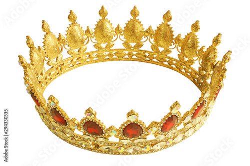 Golden Crown with Red and White Diamonds.  Gold Tiara for Princess. Expensive Jewelry. Decoration for King or Queen, Magic Crown Isolated on White Background, Full Depth of Field