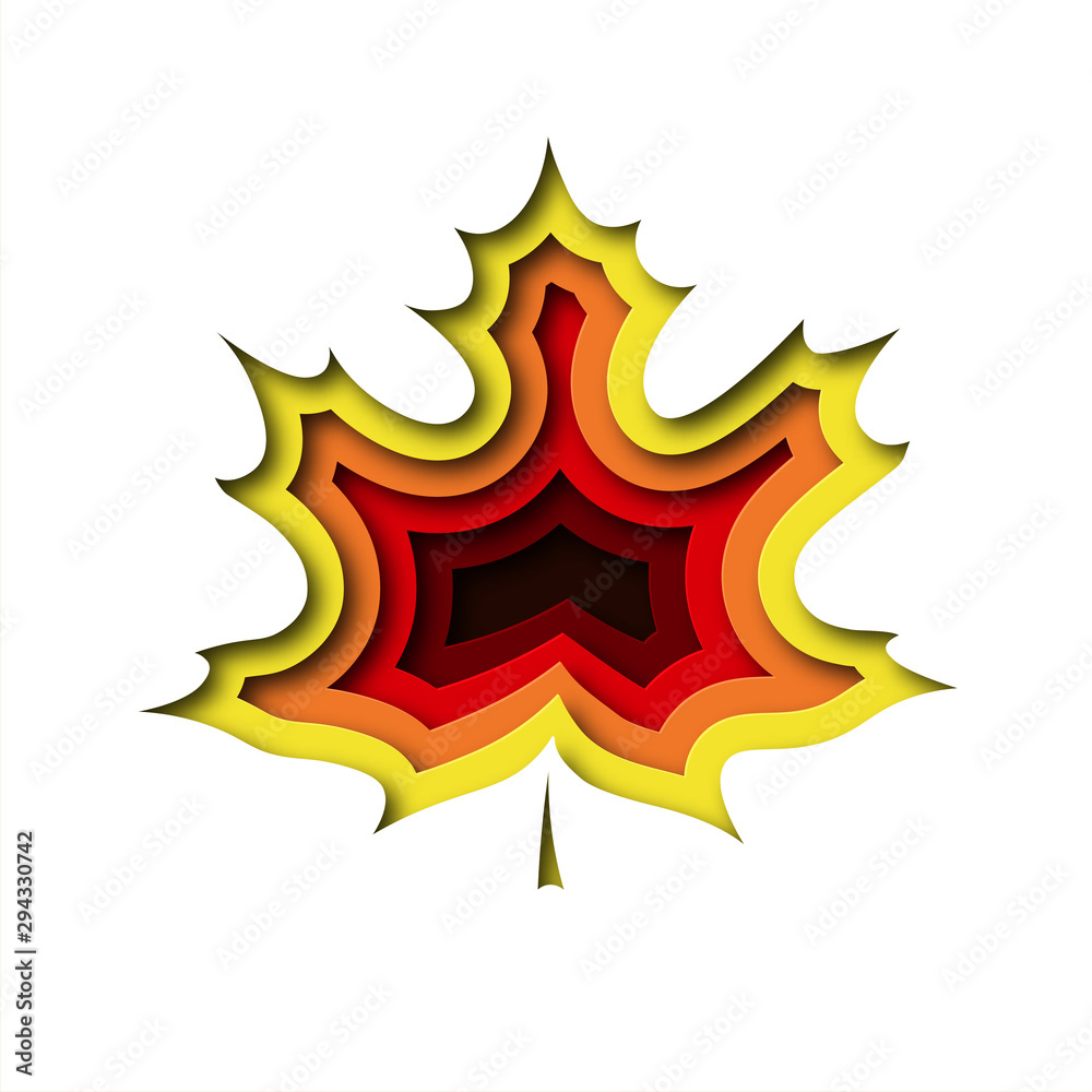 Autumn maple leaf in paper cut style. Design for logo, label, postcard. Fall composition. Layered bright illustration. Autumn maple leaf in paper cut style. Design for logo, label, postcard. Fall composition. Layered bright illustration.