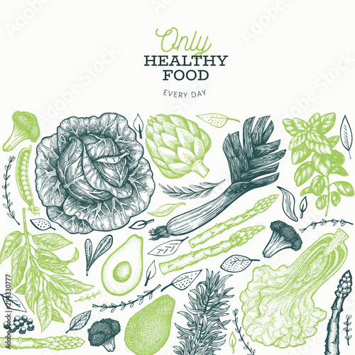 Green vegetables design template. Hand drawn vector food illustration. Engraved style vegetable banner. Retro botanical banner.