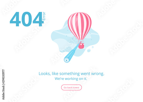 Concept 404 error warning message for website, banner or presentation with man and spyglass looking for missed page on hot air balloon in blue sky. Vector illustration for 404 error mobile app page