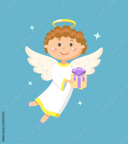 Obraz na plátně Angel holding gift box with ribbon, portrait view of flying angelic character in white clothes, kid with wings and nimbus, holiday papercard