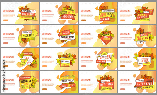 Set of cards with seasonal proposition from store, vector. Shop sale in autumn. Autumnal offer discounts. Fall leaves with gold tags. Flyer hot price and lowered cost, promotion premium quality goods