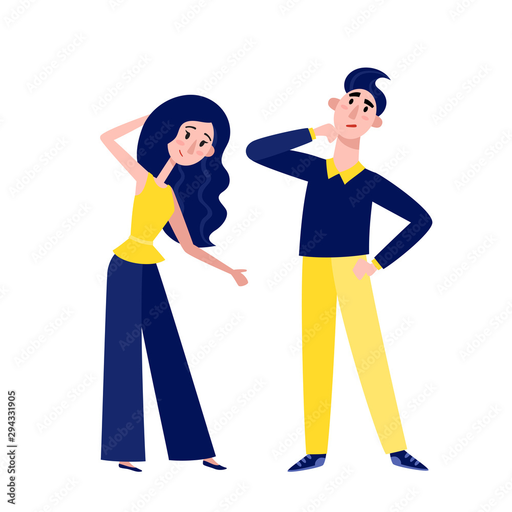 Thinking women and men standing isolated on white.