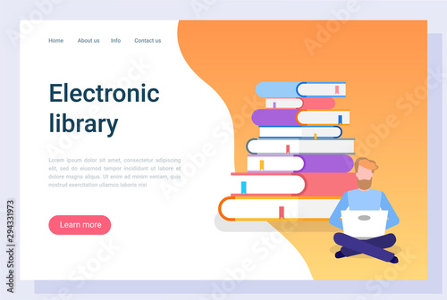 Electronic library, man communication with laptop, e-learning icon. Reader character with computer, e-book technology, literature online, knowledge vector. Webpage or landing page flat style, website