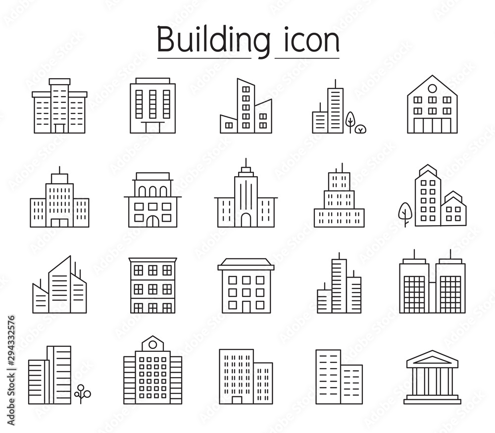 Building icon set in thin line style