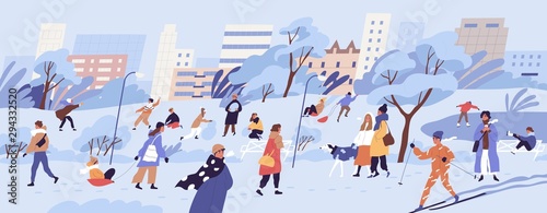 People walking in park. Men, women and children doing winter activities. Snowy landscape panorama. Active characters skiing, ice skating, playing snowballs, making snowman. Flat vector illustration.