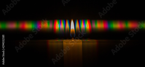 Photo of the diffraction pattern of candle flame light, comprising a large number of diffraction orders obtained by the grating
