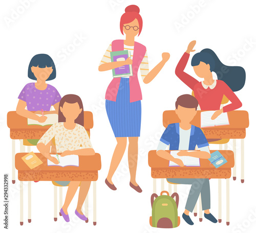 Pupils sitting at desktop and writing teacher holding books, education in classroom. Back to school, girl and boy learning, people study. Flat cartoon. School teacher between students sitting at desks