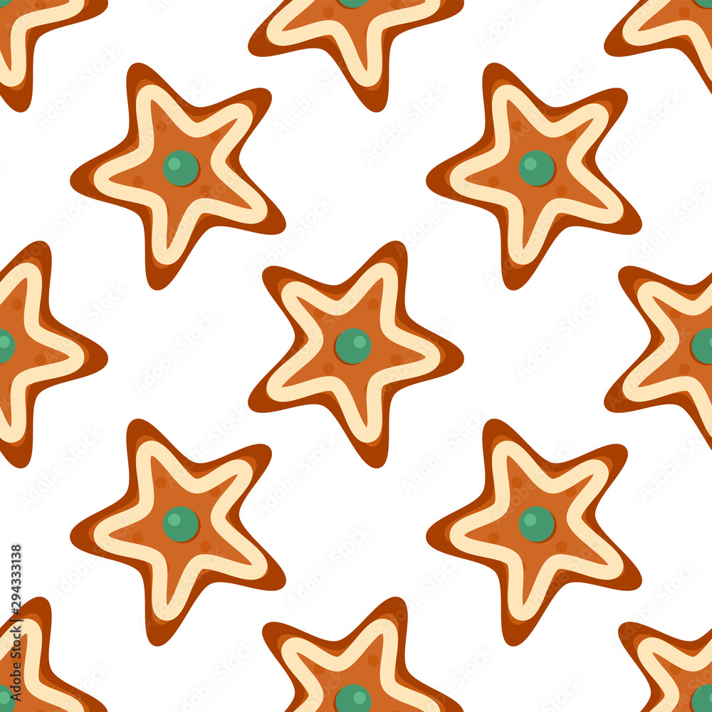 Vector seamless pattern with gingerbread stars. Tasty background for package, fabric, wallpaper, textile, greeting card, gift box, web design. Isolated on white. Vector seamless pattern with gingerbread stars. Tasty background for package, fabric, wallpaper, textile, greeting card, gift box, web design. Isolated on white.