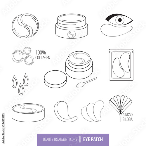 Beauty cosmetics line art icon set. Collagen eye patches in vector. Korean cosmetics. Icons patch for eyes, collagen, Ginkgo biloba, packaging with patch. Isolated objects. Black and white