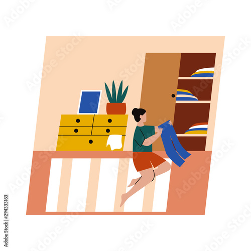 Woman folding clothes. Woman sitting on the floor in messy room and folding jeans. Girl doing housework. Flat vector illustration