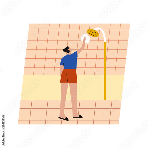 Woman cleaning shower. Woman cleaning tile in bathroom ar shower. Girl doing housework. Flat vector illustration