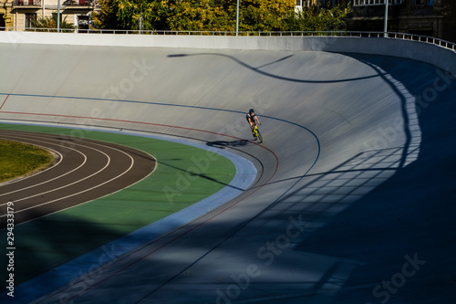 Modern, large, multicolored stadium and bike track for sportsmen. Bicycles. Active rest. Sport.