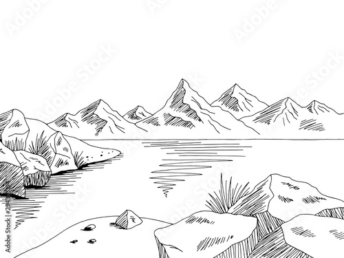 Cliff sea coast graphic black white landscape sketch illustration vector