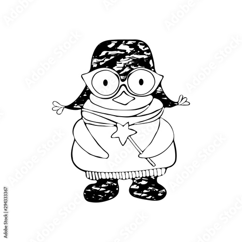 Cute cartoon penguin in winter clothes with a magic wand. Winter illustration for design on the theme of Christmas and New year. Hand-drawn black and white art line in vector.