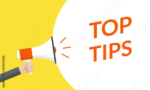 Top tips announcement with hand is holding a megaphone or loud speaker. Banner for business with helpful idea or service solution. Vector illustration.