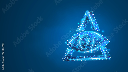 Masons symbol All-seeing eye of God. The eye of Providence in the triangle, religion concept. Abstract, digital, wireframe, low poly mesh, vector blue neon 3d illustration. Triangle, line, dot