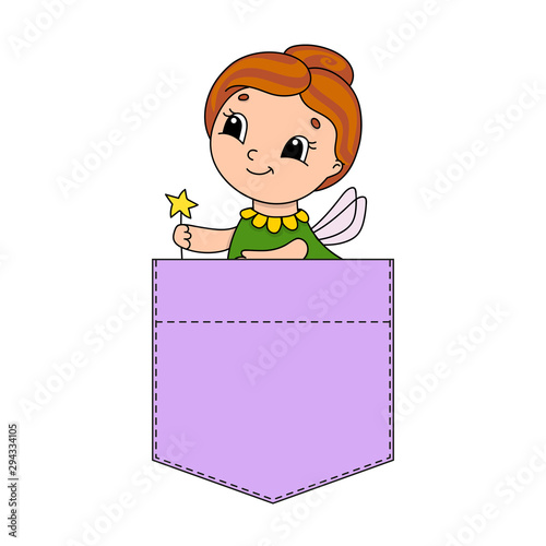 Cute character in shirt pocket. Colorful vector illustration. Cartoon style. Isolated on white background. Design element. Template for your shirts, books, stickers, cards, posters.