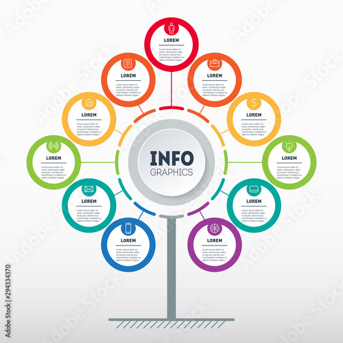 Business presentation or infographics concept with 11 options. Template of tree, info chart or diagram. Info graphic of technology or education process with Eleven steps.