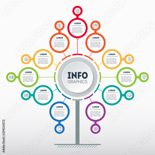Business presentation concept with 11 options. Template of tree, info chart or diagram with eleven steps. Vector infographic of technology or education processes.