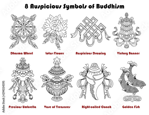 Design set with eight auspicious symbols of Buddhism isolated on white.