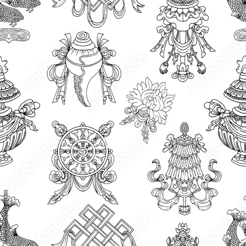 Seamless pattern with black and white eight auspicious symbols of Buddhism