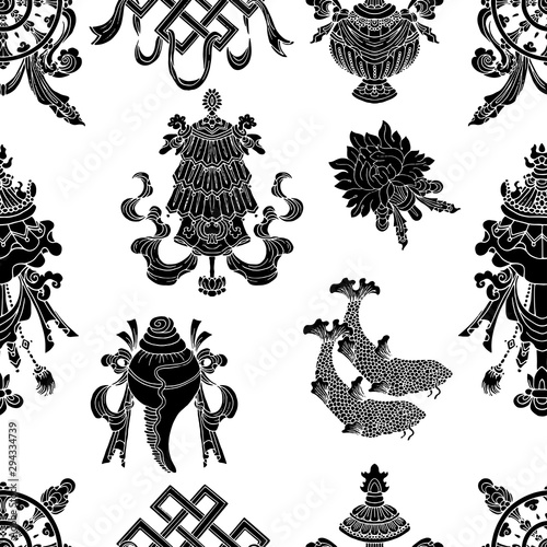 Seamless pattern with eight black auspicious symbols of Buddhism