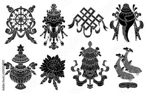 Design set with eight black silhouettes of auspicious symbols of Buddhism isolated on white.