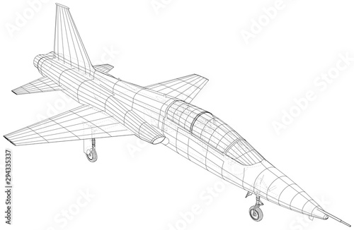 Airplane jet close-up. Vector rendering of 3d. Wire-frame.
