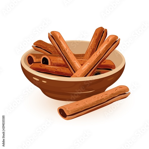 Sticks of cinnamon are in brown ceramic bowl. Aromatic condiment and flavouring additive, spice for many dishes. Vector cartoon illustration on white for advertisement, recipes, packing.