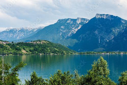 Lake Caldonazzo and Italian Alps with the small village of Tenna  Valsugana valley  Trento province  Trentino-Alto Adige  Italy  Europe