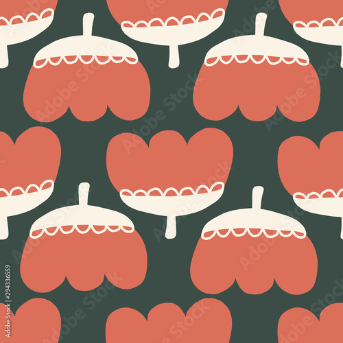 Contemporary seamless pattern with abstract retro flower shapes. Modern collage style red white black flower background. Scandinavian vintage design for fabric, digital scrapbooking, wallpaper, decor