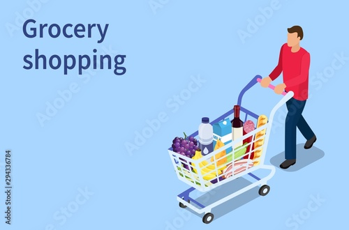 Isometric man with shopping cart. Shopping and Supermarket concept, Can use for web banner, infographics. Vector illustration in flat style