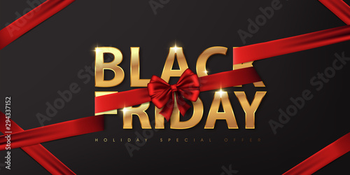 Black Friday. Calligraphic golden color on dark background., the color ribbon red luxury. Advertising Poster design.Vector illustration.