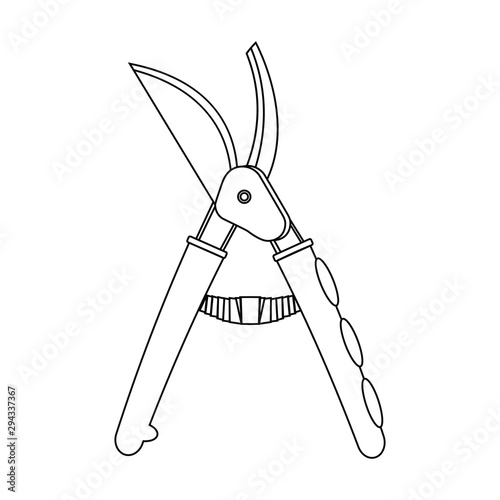 Black silhouette of secateurs on a white background.Icon, outline style. Agricultural work, landscape design. Gardening Tools. Rural life in vector illustration.
