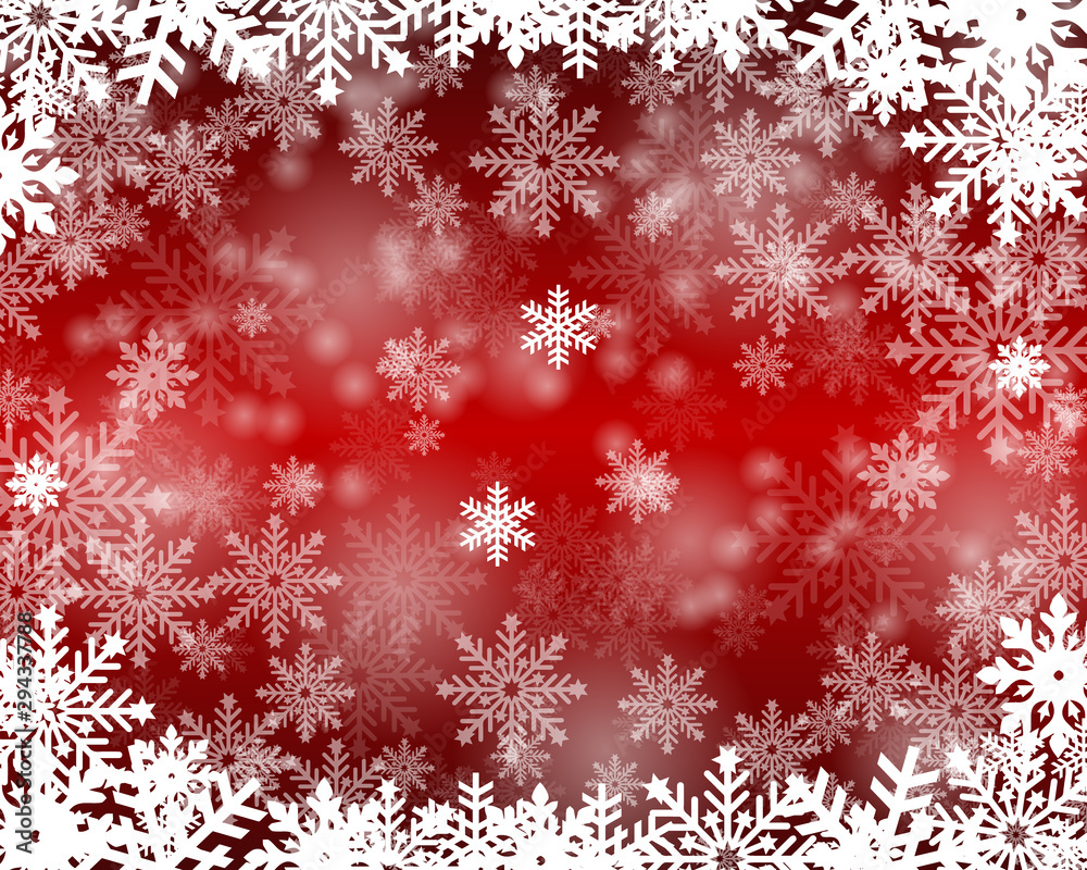 Christmas snow. Falling snowflakes on a red background. Snowfall.