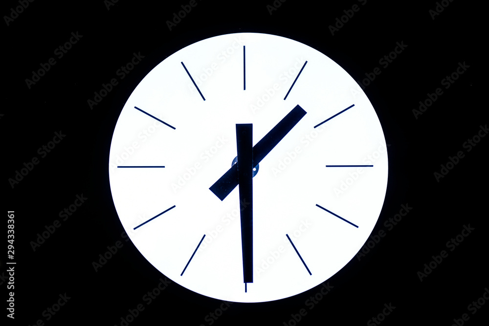Close up of Clock on the wall. Black clock shows good time for break. Close up of Clock on the wall. Black clock shows good time for break.