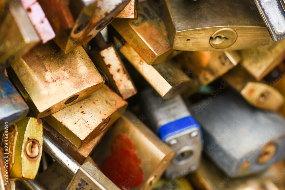 Lot of love locks. Many old pad locks. Lot of love locks. Many old pad locks.