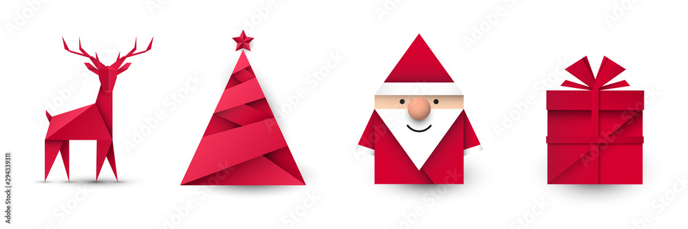 Święty Mikołaj, renifer, choinka i prezent origami. Zestaw przedmiotów wektor - obrazy, fototapety, plakaty 
