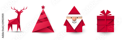 Święty Mikołaj, renifer, choinka i prezent origami. Zestaw przedmiotów wektor