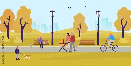 Park in the fall. People walk in the autumn park. A boy is playing with dog. Couple with stroller in the park. Girl sitting on bench with smartphone. Guy rides bicycle. Flat style vector illustration