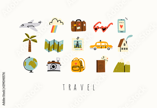 Various travel, vacation or holiday icons and logos. Cute hand drawn trendy vector illustrations. Cartoon style. Flat design. Naive art. All elements are isolated