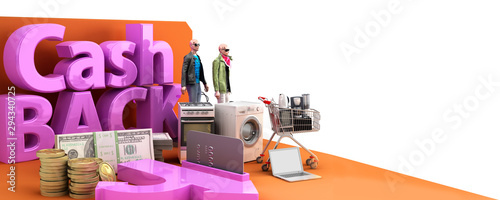 Cash back concept background big letters on tematic podium 3d render image on white photo