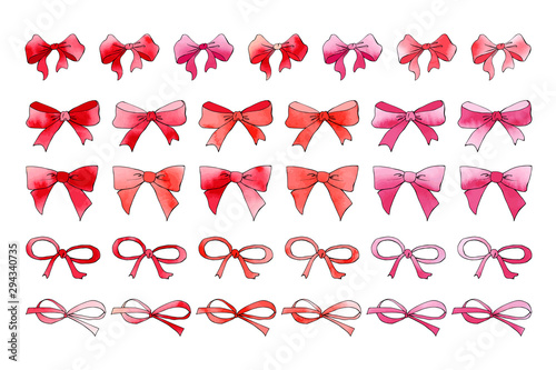 Red ribon tied bow collection with watercolor texture. Holiday design. For postcards, greetings, cards, logo. Hand drawn package and box decoration. Birthday, anniversary, Valentine, Christmas gift. 