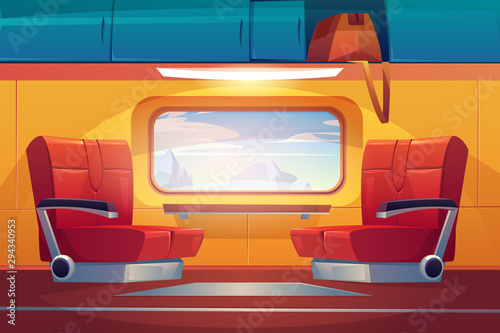 Train inside interior, empty railway car with comfortable seats near large window with beautiful mountain landscape view and luggage storage above. Commuter transport. Cartoon vector illustration