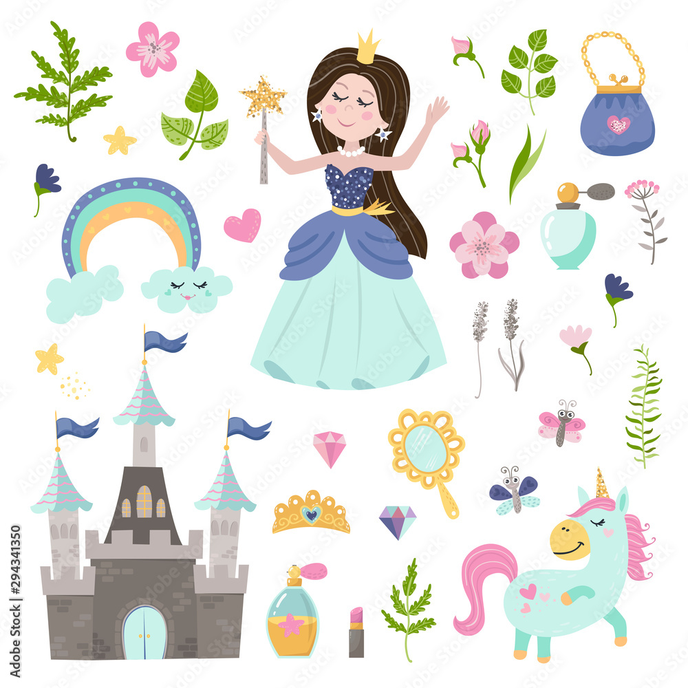 Vector set of beautiful princess, castle, unicorn and accessories Vector set of beautiful princess, castle, unicorn and accessories