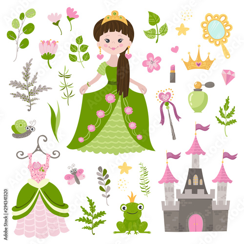 Vector set of beautiful princess, castle, and accessories