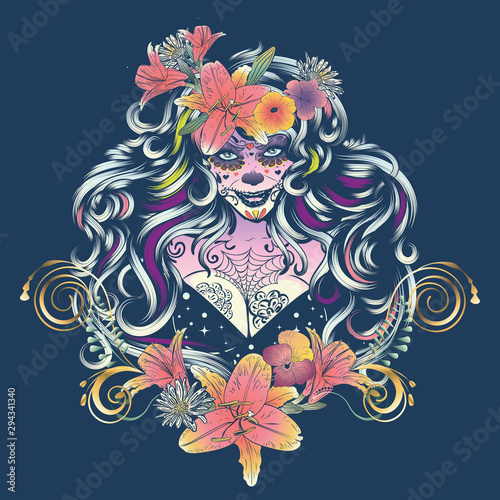 Sugar skull witch woman in flower crown portrait