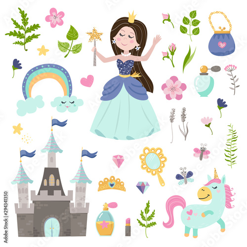 Vector set of beautiful princess, castle, unicorn and accessories